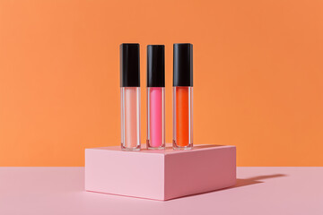 Three clear tubes of lip gloss with black caps in shades of peach pink and orange displayed on a pink cube against an orange background