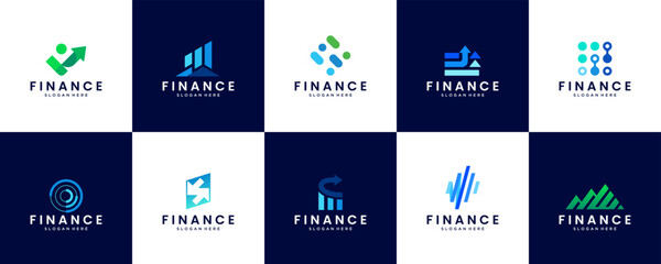digital finance logo collection, investment consulting services, statistical charts, reports, vector graphic templates.