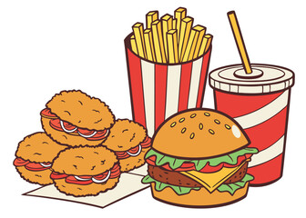 Retro-style fast food illustration: juicy burger, crispy chicken nuggets, fries, and soda.