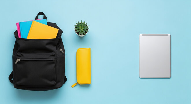 Overhead shot of a black backpack with books, a plant, pencil case, and tablet on a blue background - Powered by Adobe