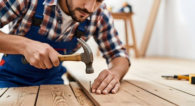 Man hammering a nail into wood wearing overalls and plaid shirt in a carpentry workshop setting