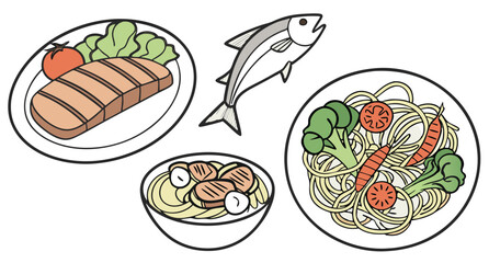 Hand-drawn illustration of a healthy meal: grilled steak, fish, pasta with vegetables, and noodles with sliced meat.