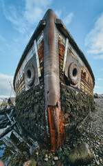 old abandoned sunken ship in the water at the ship cemetery