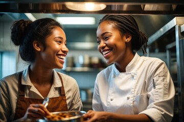 Two happy chefs cooking in a commercial kitchen professional culinary team work