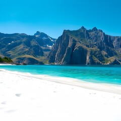 Fototapeta premium stunning tropical beach scene with crystal clear blue water and a stretch of pristine white sand. In the distance, the silhouette of towering green mountains can be seen