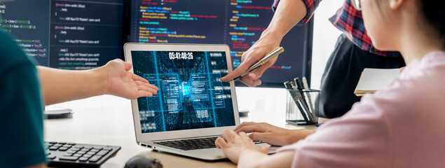 Software development or programming work with coding screen of various programming languages like HTML, , , and C brisk for new application development