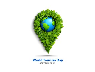 World tourism day concept with green leaves around earth globe for sustainable travel