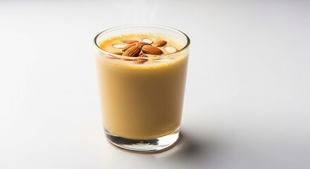 A tall glass filled with a creamy, light brown beverage, topped with scattered almonds and a hint of steam rising.