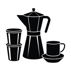 Black Coffee Set Silhouette Moka Pot Cups Stylish Kitchen Vector