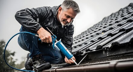 Man repairing roof with sealant gun on a rainy day wearing jacket and jeans with work boots outside