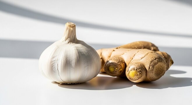 A whole bulb of white garlic rests next to a knobby piece of fresh ginger root on a bright white surface.