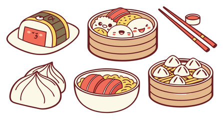 Adorable Cartoon Dim Sum Illustration: Steamed Buns, Noodles, and Chopsticks, Happy Mood, Asian Cuisine, Restaurant Menu Design.