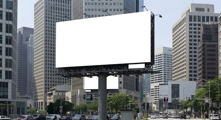 Obraz premium Large blank billboard in urban setting with skyscrapers and street traffic during daytime hours seen