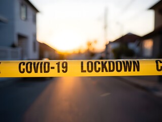 Covid lockdown concept with yellow tape blocking access during pandemic restrictions