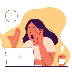 Tired woman yawning at laptop with coffee and clock indicating late hour