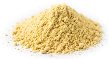 Pile of pale yellow ground spice, isolated on white background.