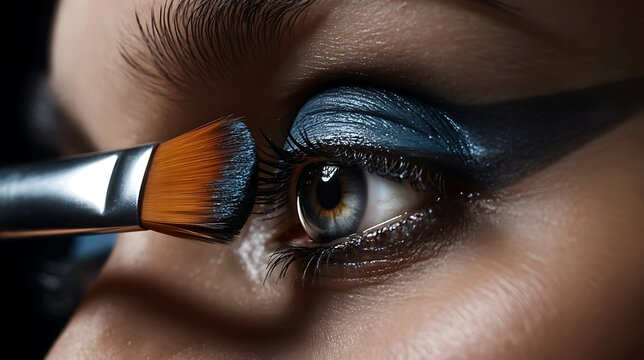 Applying vibrant blue eye makeup with a cosmetic brush for a glamorous look