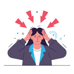 A woman experiencing intense stress and pressure holding her head with a pained expression as red arrows converge towards her