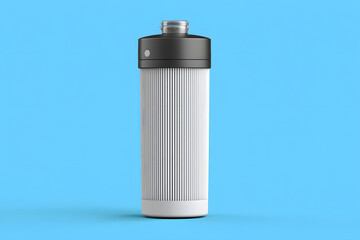 Cylindrical white and blue water purifier filter cartridge, isolated on white. Ideal for clean living, hydration, and health concepts.
