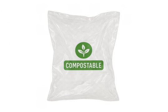 White compostable plastic bag with transparent background promoting environmental awareness
