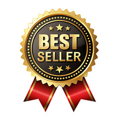 A gold best seller seal with red ribbons isolated on transparent background