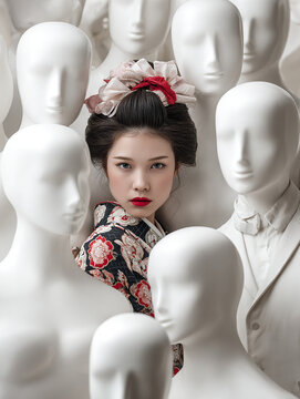 Femme en kimono entour&eacute;e de mannequins &ndash; concept d&rsquo;identit&eacute;, diff&eacute;rence et individualit&eacute;