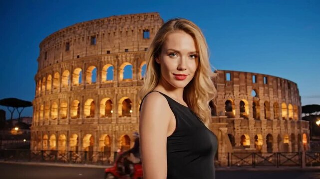 Blonde Woman in Black Dress Near Colosseum at Twilight in Rome.