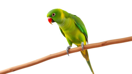 Obraz premium A green alexandrine parakeet perched on a wooden stick against a plain white background studio shot created with