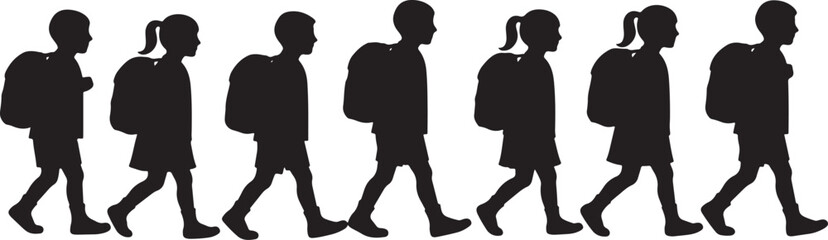 Group of diverse children walking with backpacks silhouette