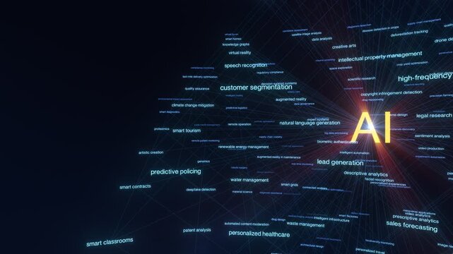 AI Application real-world use cases like disease prediction, robotic surgery, and smart logistics. Abstract grid design with left-side copy space, ideal for presentations or overlays