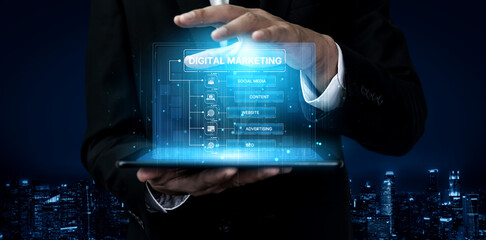 Fototapeta premium Digital marketing strategy broken down into categories: web, SEO, content, social media, and advertise. Digital tools enhance online marketing success across digital platforms. Spline