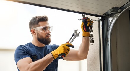 Man repairing garage door spring with wrench and pliers wearing safety glasses and work gloves indoors