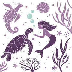Enchanting underwater seamless pattern featuring magical marine life and coral reefs in vibrant cmyk colors