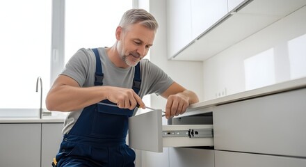 Man in overalls fixing a kitchen drawer with a screwdriver in a bright modern kitchen setting today