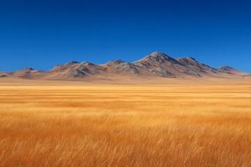 Golden vast grassland under clear blue sky scenery  
