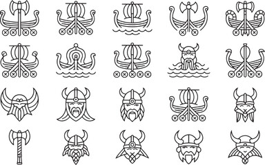 Viking Line Icons – Nordic Symbols, Axes, Ships & Helmets in Monoline Style