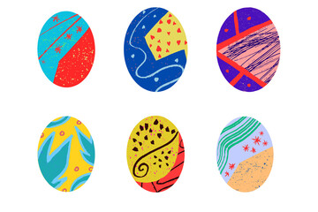 Six Abstract Hand-Drawn Easter Eggs; Vibrant Colors, Bold Patterns, Festive Spring Mood.