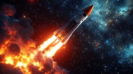 Rocket ship ascends through fiery clouds into the vast and starry cosmic universe photo