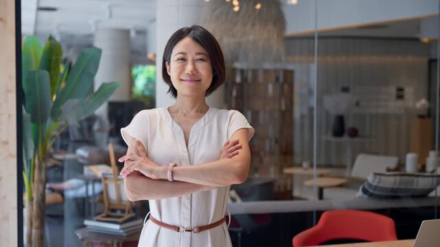 Portrait of mature Asian executive manager business woman looking confident at camera. Smiling eastern middle age female entrepreneur ceo leader businesswoman standing arms crossed at office workplace