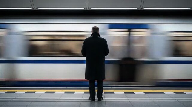 Middle-aged man standing alone on subway platform with passing train in motion