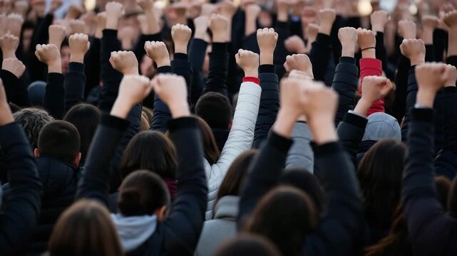 Striking people raising their fists in protest during demonstration