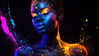 Vibrant portrait of a woman with blue skin and colorful paint splatters against a dark background