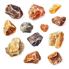 A hand-drawn illustration painting of a myrrh resin set in soft watercolor style, featuring delicate brush strokes, isolated on a white background, artistic, painted design, EPS format, set