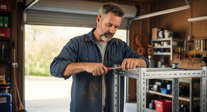 Man assembling metal shelving unit in garage with screwdriver looking down concentrating on his work area 100
