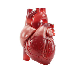 Translucent red plastic human heart model, anatomically accurate with intricate chambers and vascular structures, medical-grade, isolated on a transparent sterile studio background, concept for