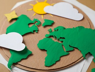 Eco friendly earth day craft project for kids world map with sun and clouds cutout