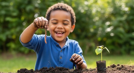 Joyful young boy excitedly holding an earthworm while planting a seedling in a garden