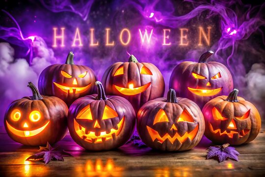 A group of glowing jackolanterns spell out the word halloween