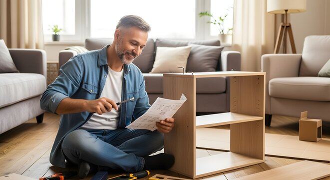 Man assembling furniture in living room with instructions and tools on the floor at home diy project