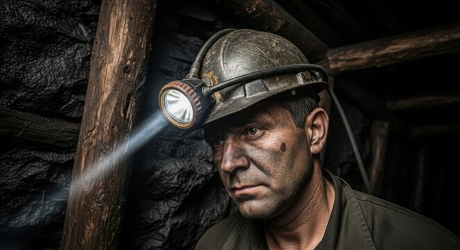 Miner with headlamp illuminated in dark coal mine tunnel